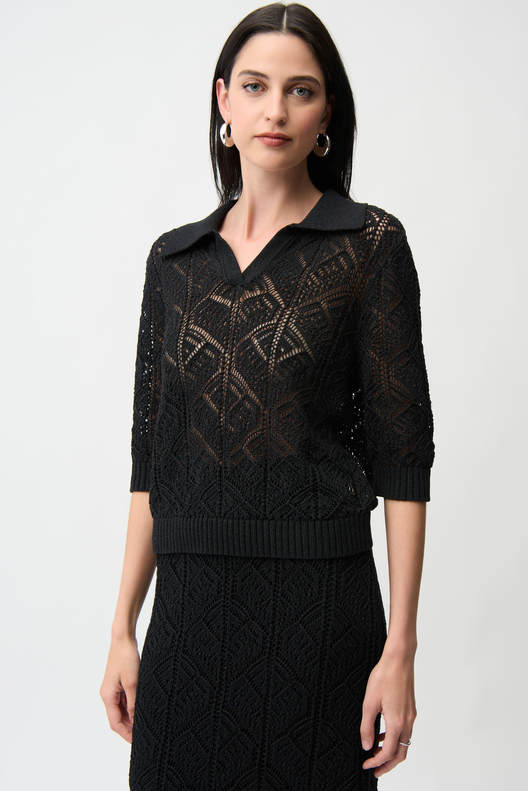 Joseph Ribkoff Open Stitch Sweater with Polo Collar Style 261929