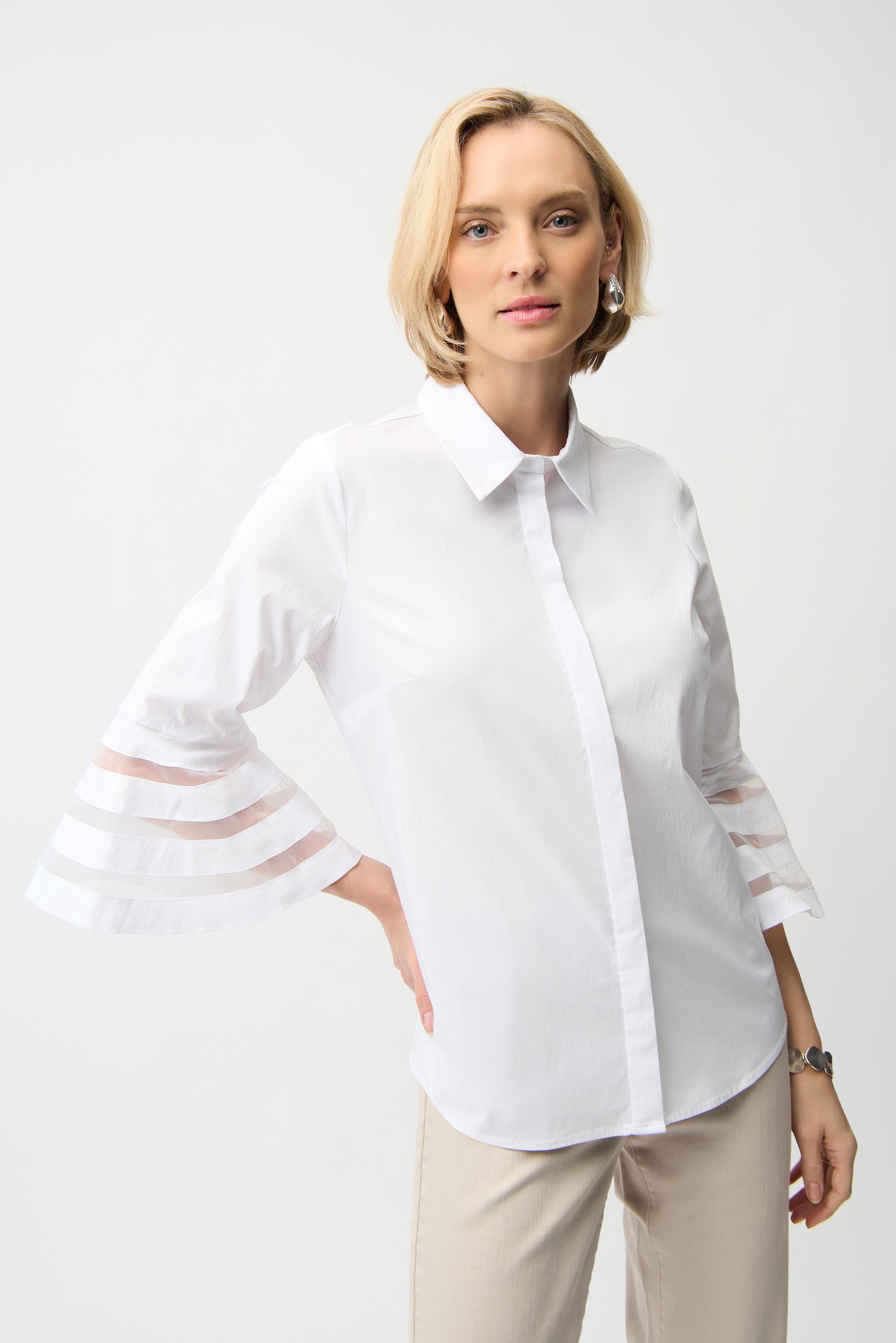 Joseph Ribkoff Poplin Straight Blouse with Organza Bell Sleeves Style 261933