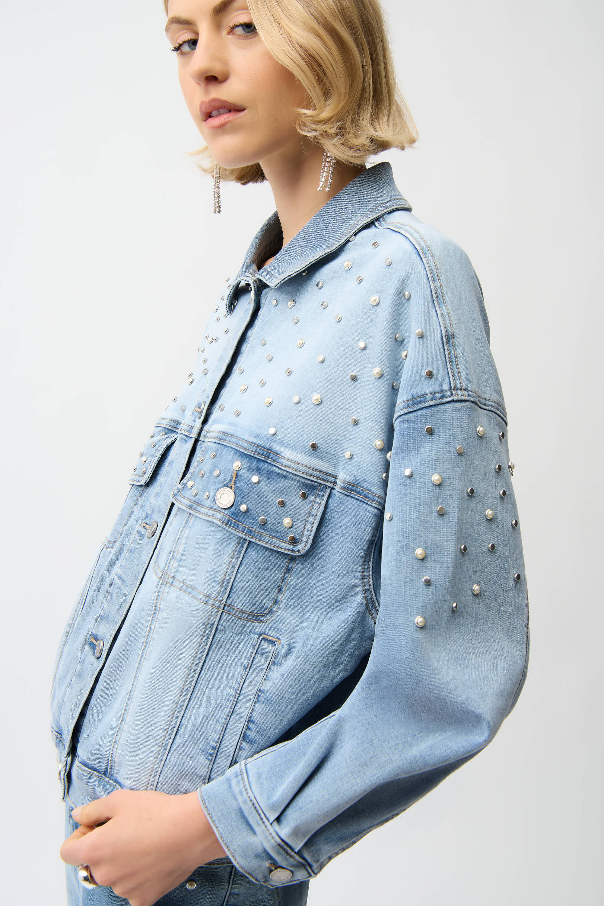 Joseph Ribkoff Denim Oversized Jacket With Pearls & Studs Style 261946