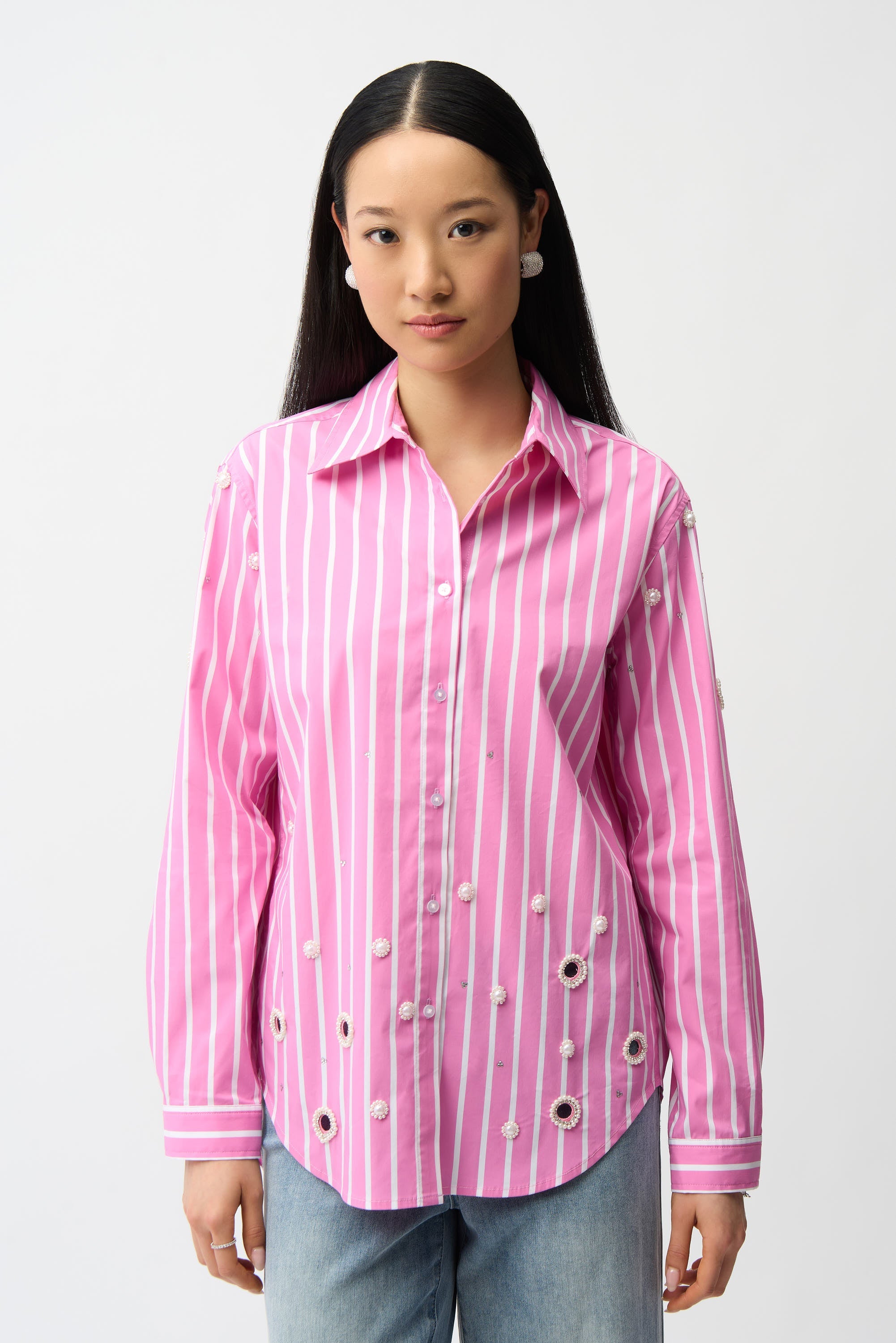 Joseph Ribkoff Cotton Stripe Print Boxy Blouse With Rhinestones Style 261966