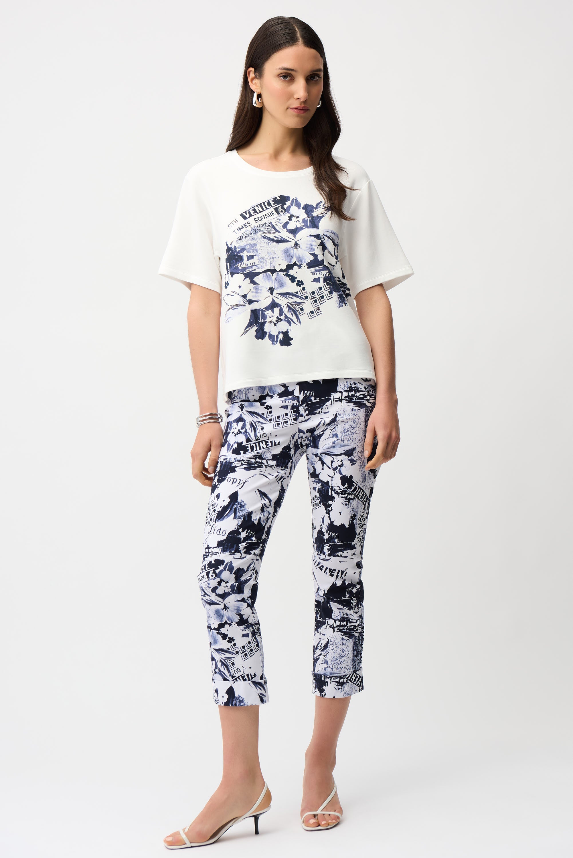 Joseph Ribkoff Front Print Straight T-Shirt With Rhinestones Style 261967