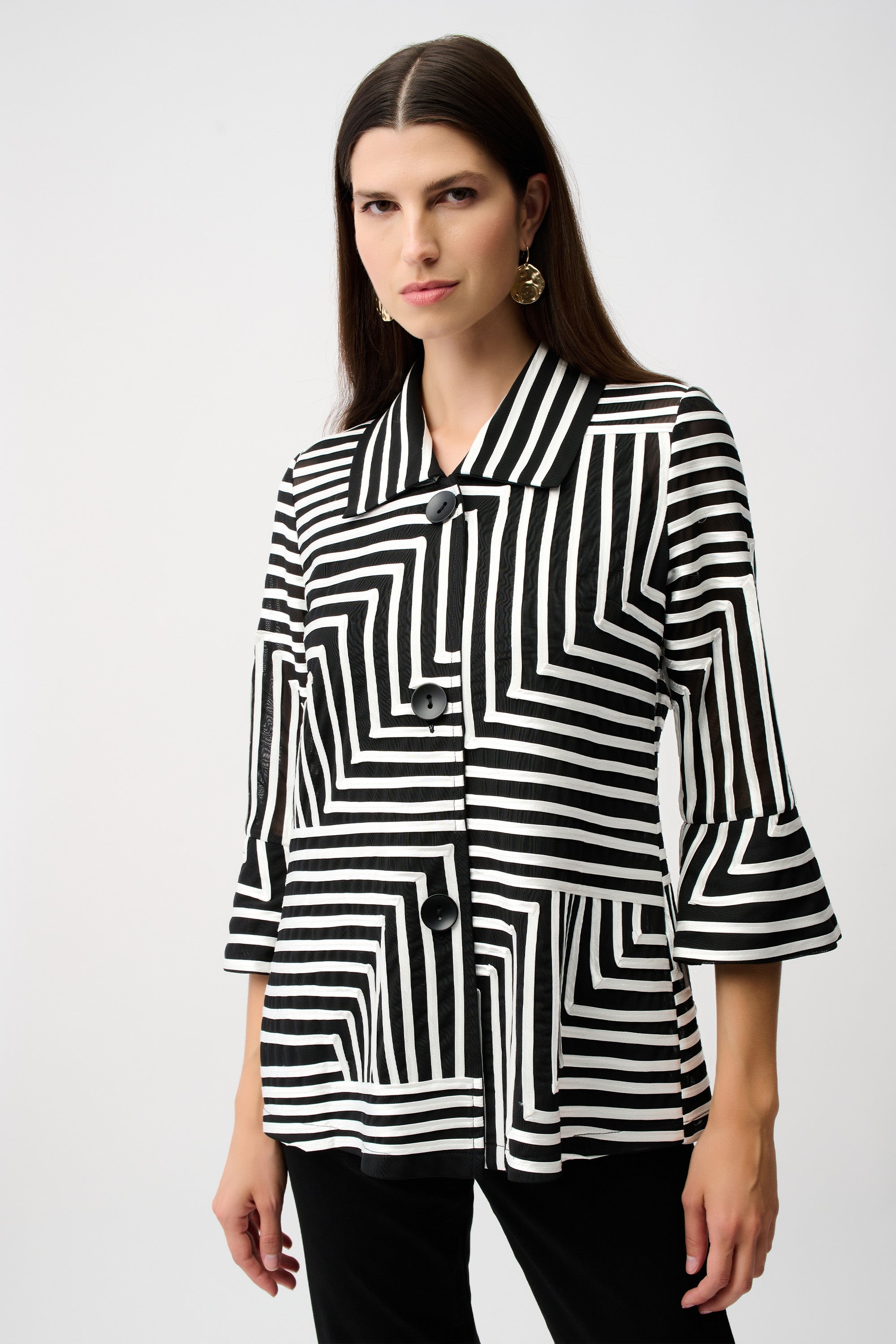 Joseph Ribkoff Satin And Mesh Abstract Print Jacket With Bell Sleeve Style 261980