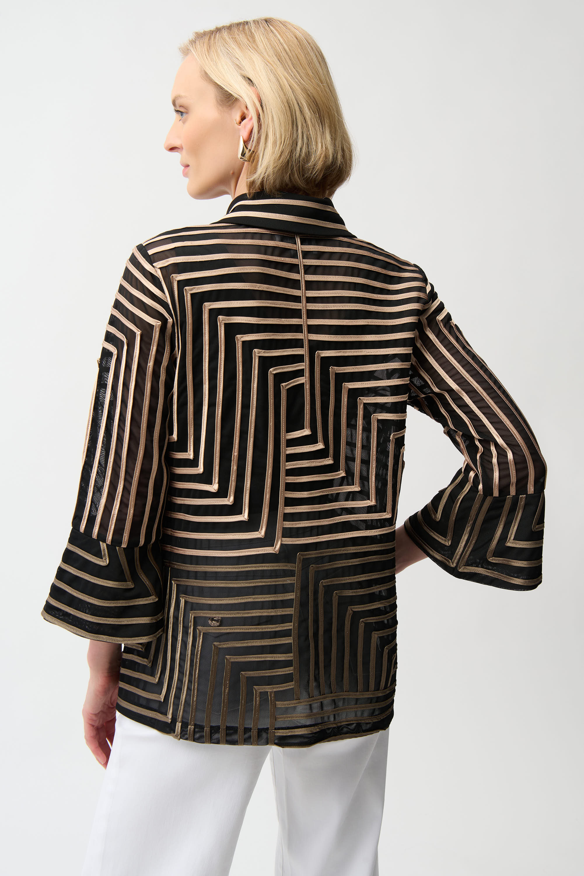 Joseph Ribkoff Satin And Mesh Abstract Print Jacket With Bell Sleeve Style 261980