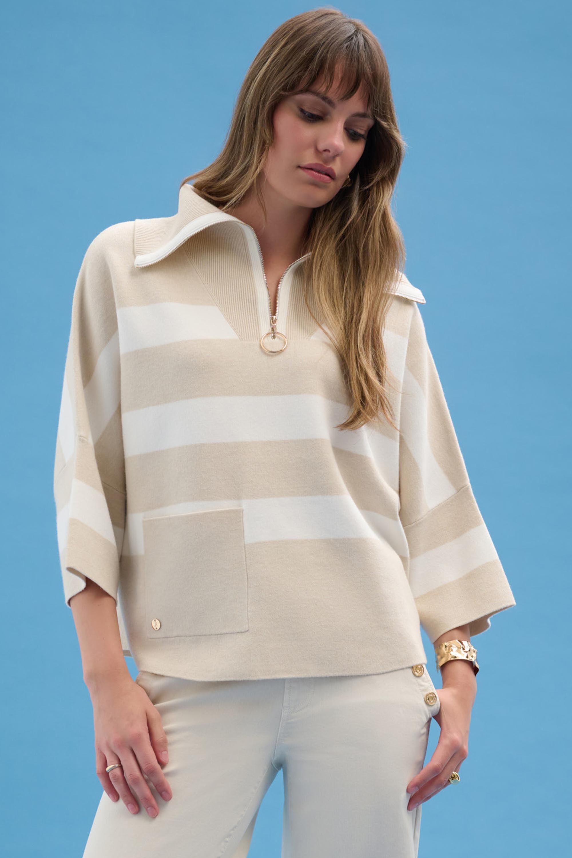 Joseph Ribkoff Stripe Print Boxy Sweater with Zipped Collar Style 261983