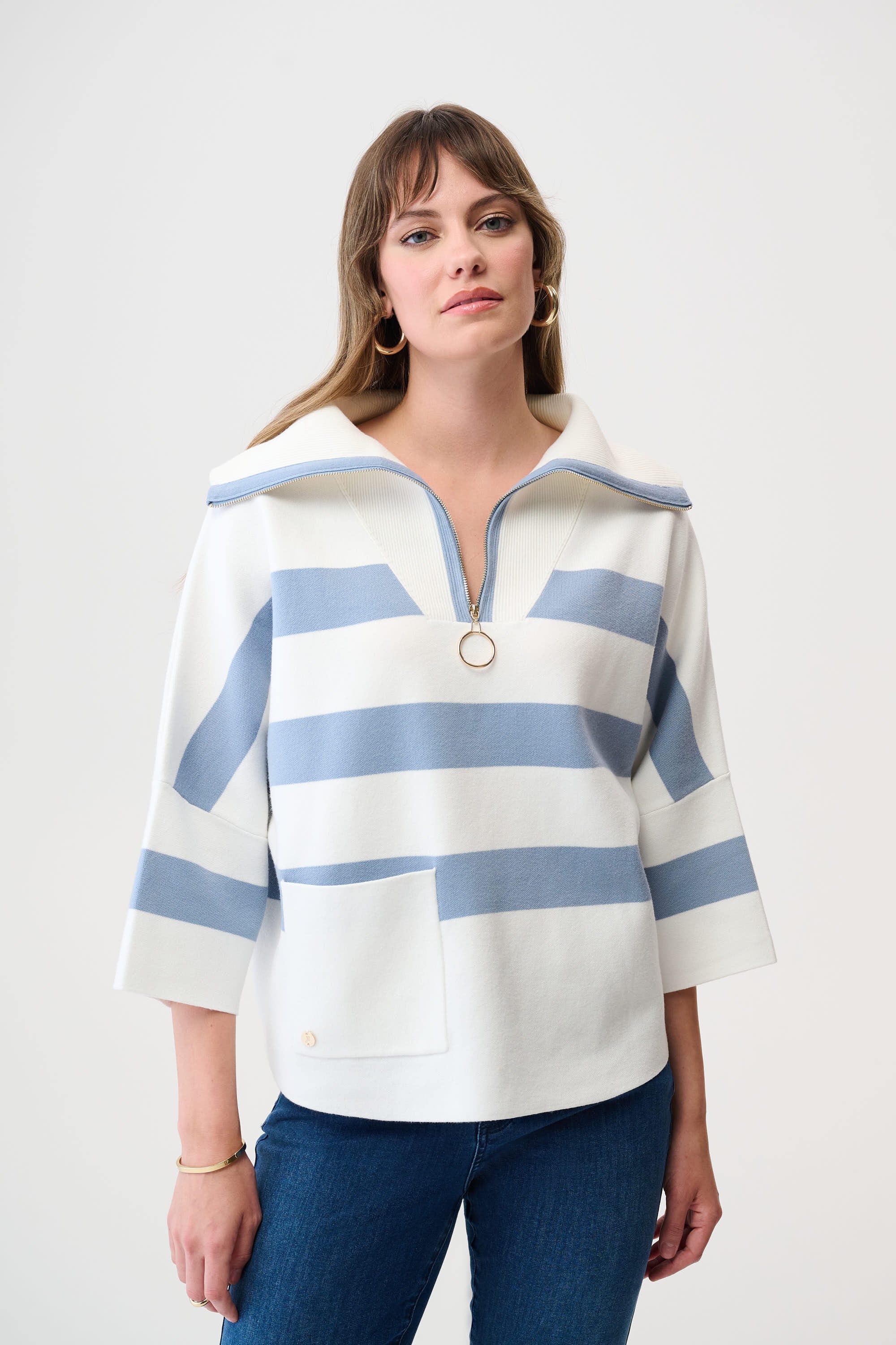 Joseph Ribkoff Stripe Print Boxy Sweater with Zipped Collar Style 261983