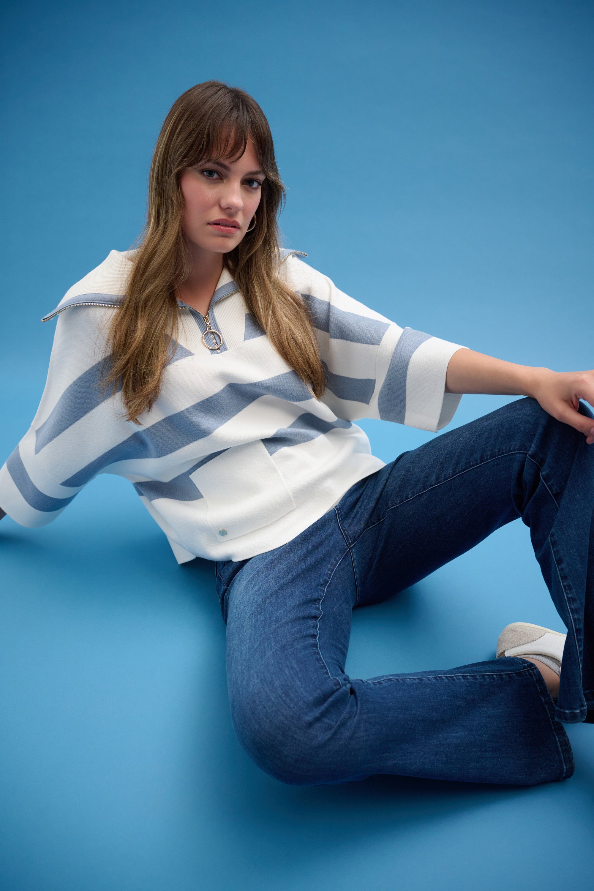 Joseph Ribkoff Stripe Print Boxy Sweater with Zipped Collar Style 261983