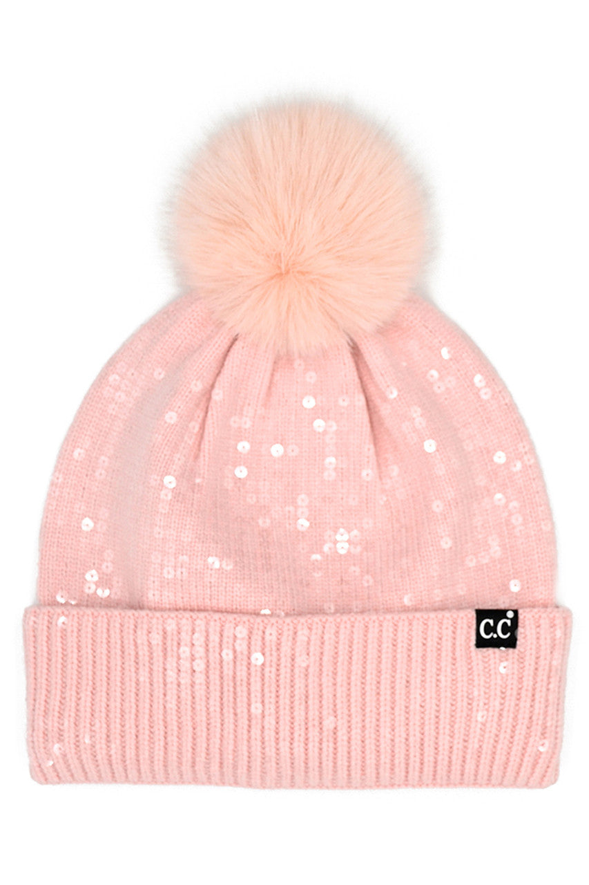 C.C Women's All Over Clear Sequin Pom Beanie