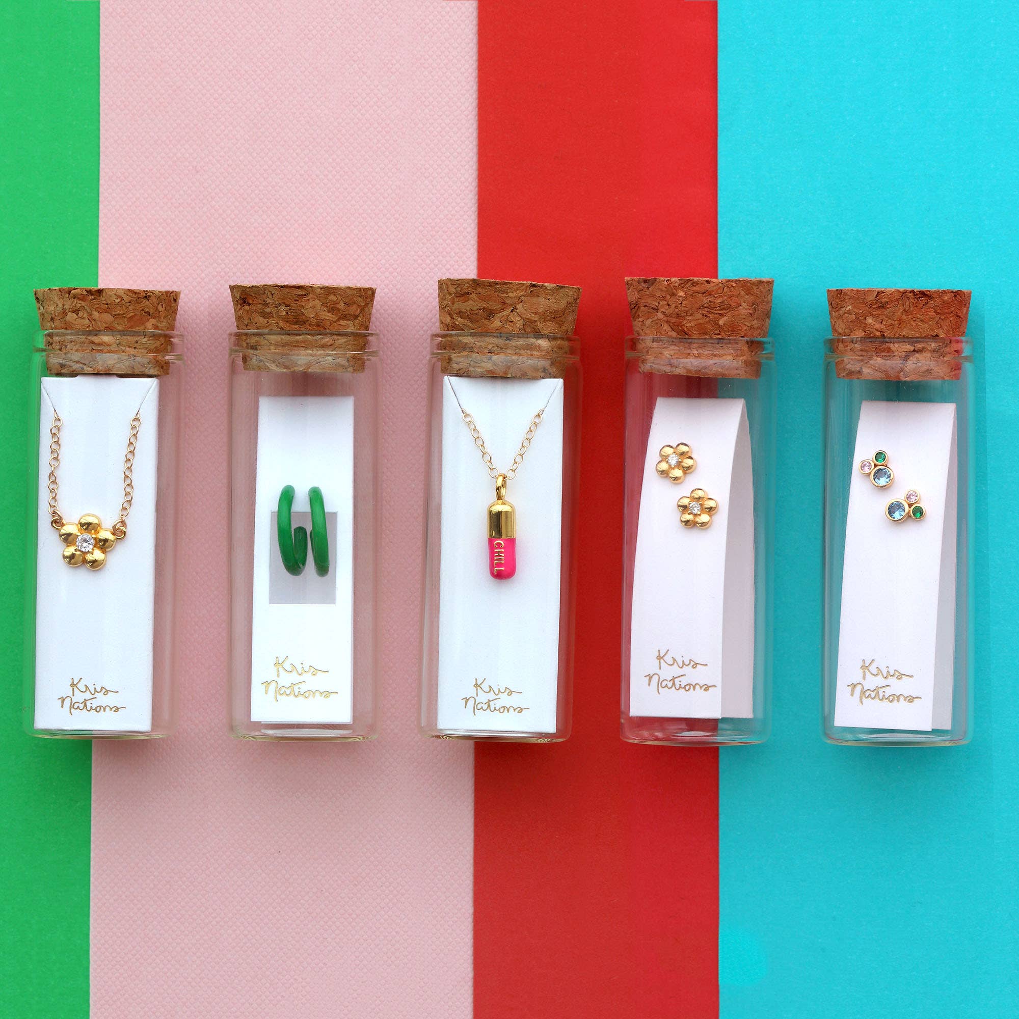 Kris Nations - Modernist Stud Earrings 18K Gold Vermeil Sapphire, Emerald Green and Pink Topaz CZ Crystal Cluster Nickel Free Hypoallergenic Ships from CA