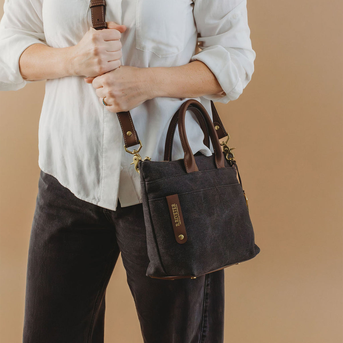 Dot Tote | Black Washed Canvas + Brown