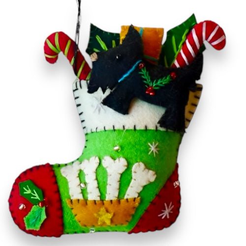 5" Green Stocking w/ Black Dog Felted Wool Ornament by Quirks! at Shirley Shoppe