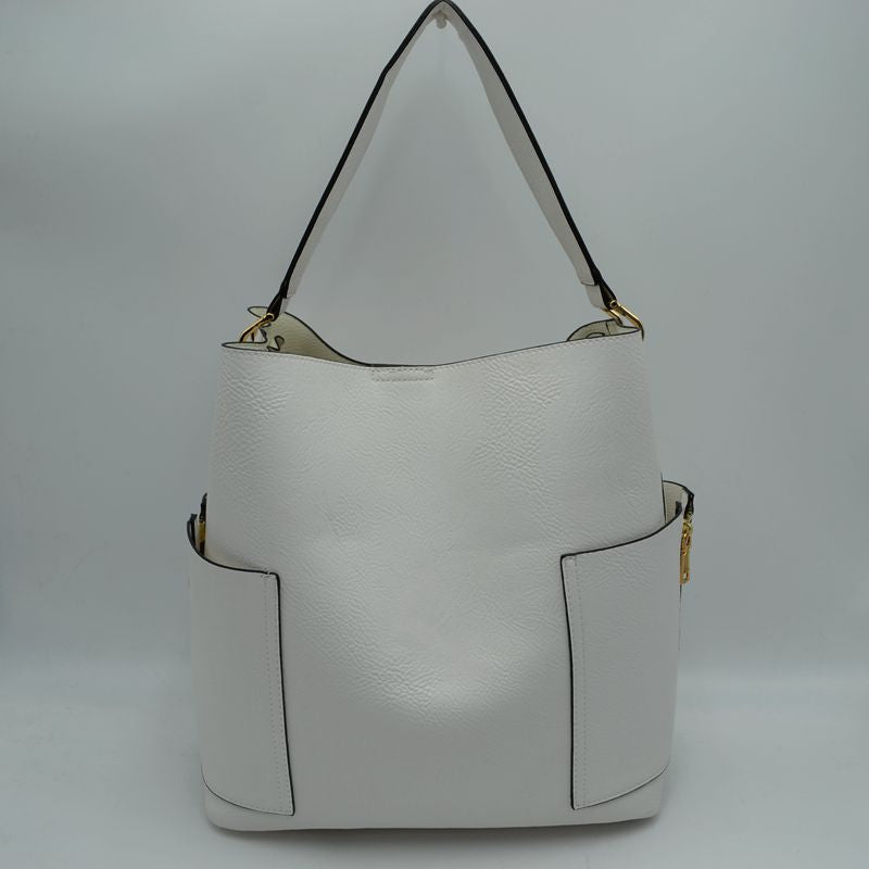 2-in-1 Chic Satchel Side Pocket Bucket Bag with Long Strap