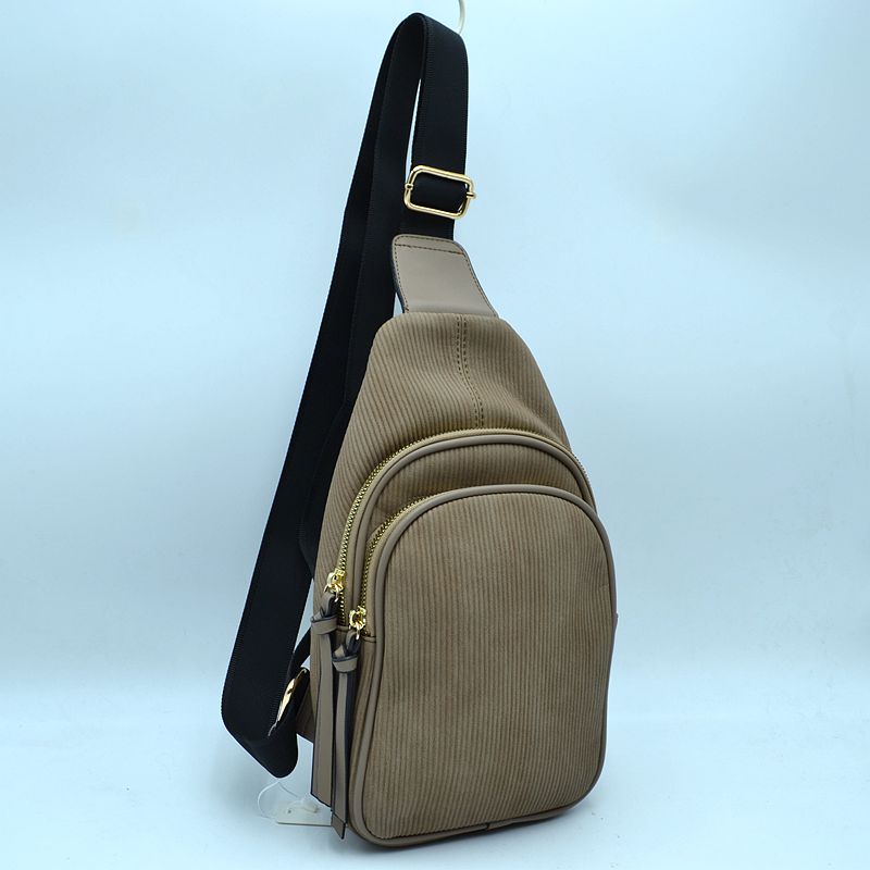 Ribbed Sling Bag with Tiered Zippers and Tassel Pulls