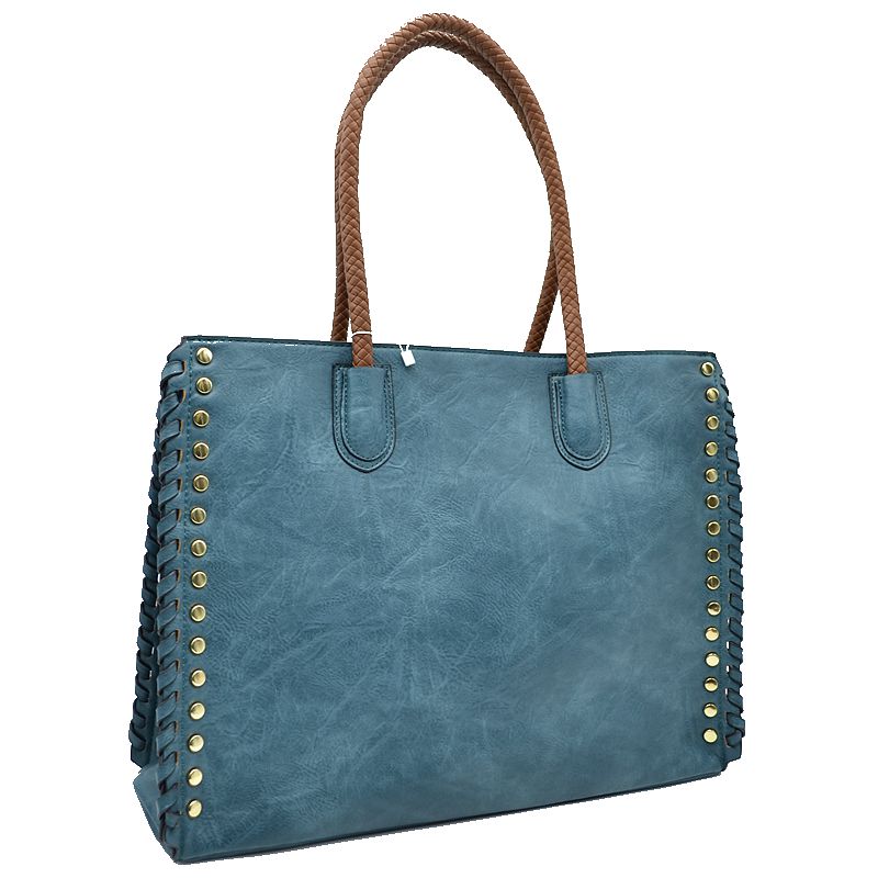Women's Studded Faux Leather Whipstitch Shoulder Bag Tote