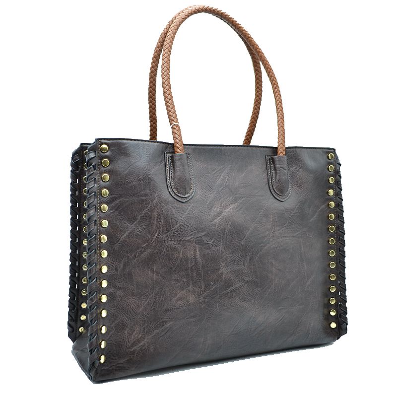 Women's Studded Faux Leather Whipstitch Shoulder Bag Tote