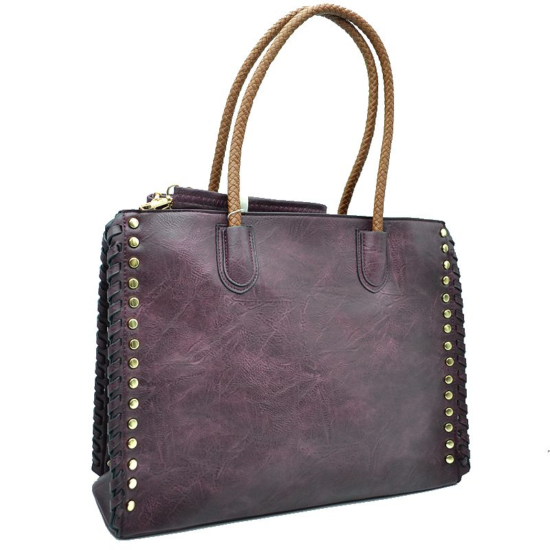Women's Studded Faux Leather Whipstitch Shoulder Bag Tote