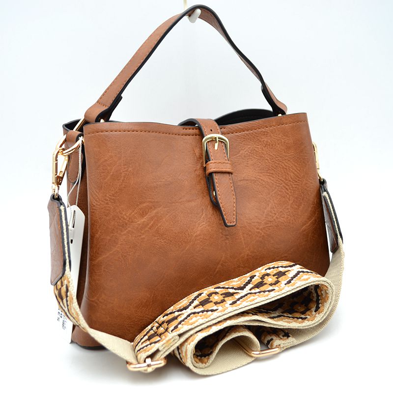 Buckle Strap Bucket Bag with Patterned Crossbody Strap