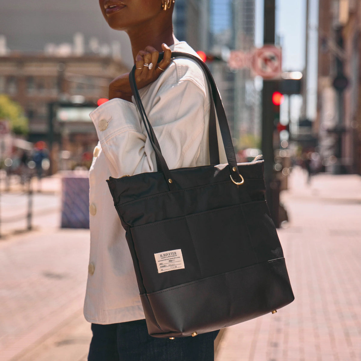 Harriet Tote Bag | Black Nylon + Black Leather