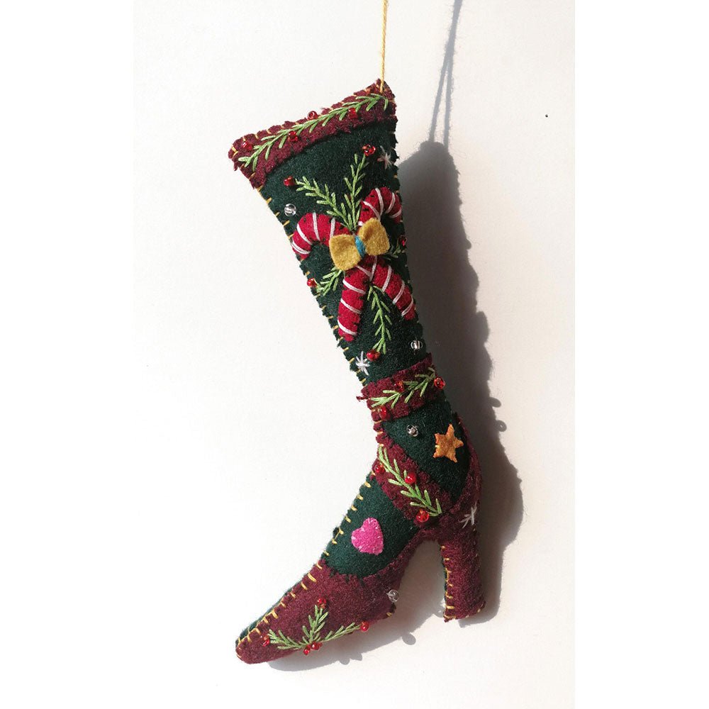 6.5" Red High Heeled Shoe w/Grn Stocking &Candy Canes by Quirks! at Shirley Shoppe
