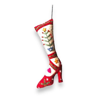 6.5" Red High Heeled Shoe w/White Stocking & Tree Branch by Quirks! at Shirley Shoppe