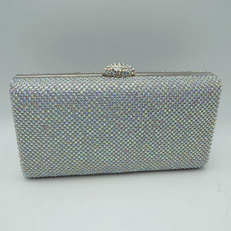 Grid Patterned Box Clutch with Jeweled Dome Clasp