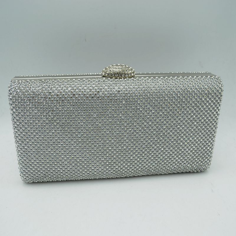 Grid Patterned Box Clutch with Jeweled Dome Clasp