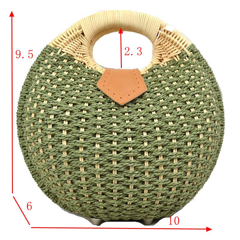 Round Woven Straw Handbag with Rattan Cutout Handle