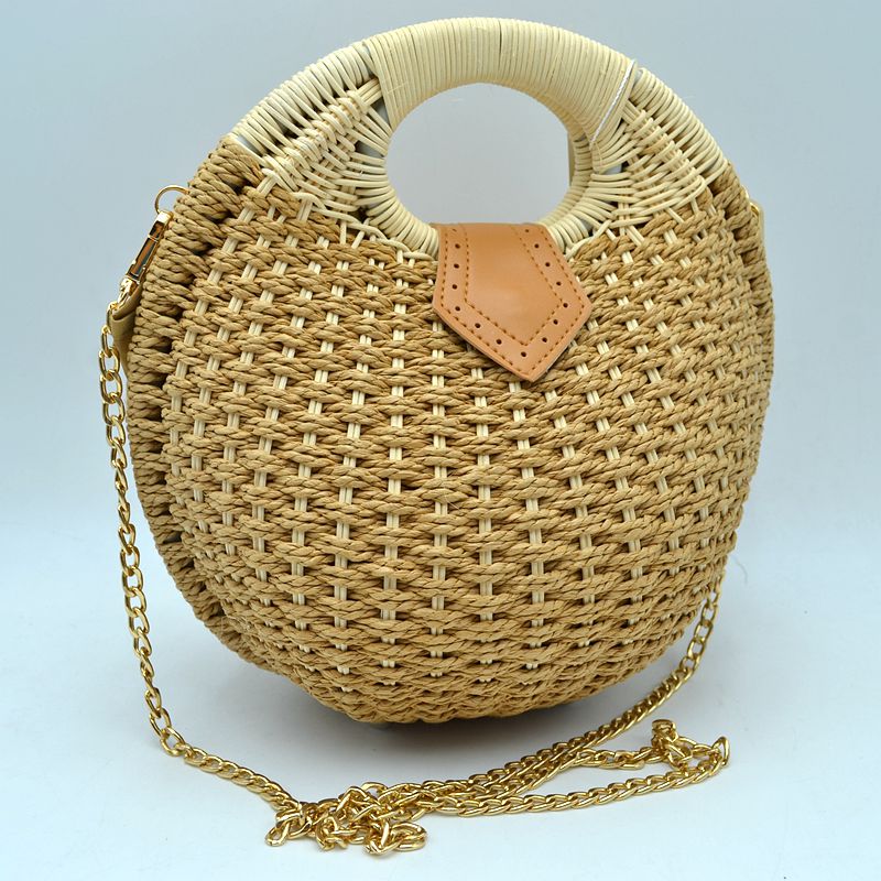 Round Woven Straw Handbag with Rattan Cutout Handle