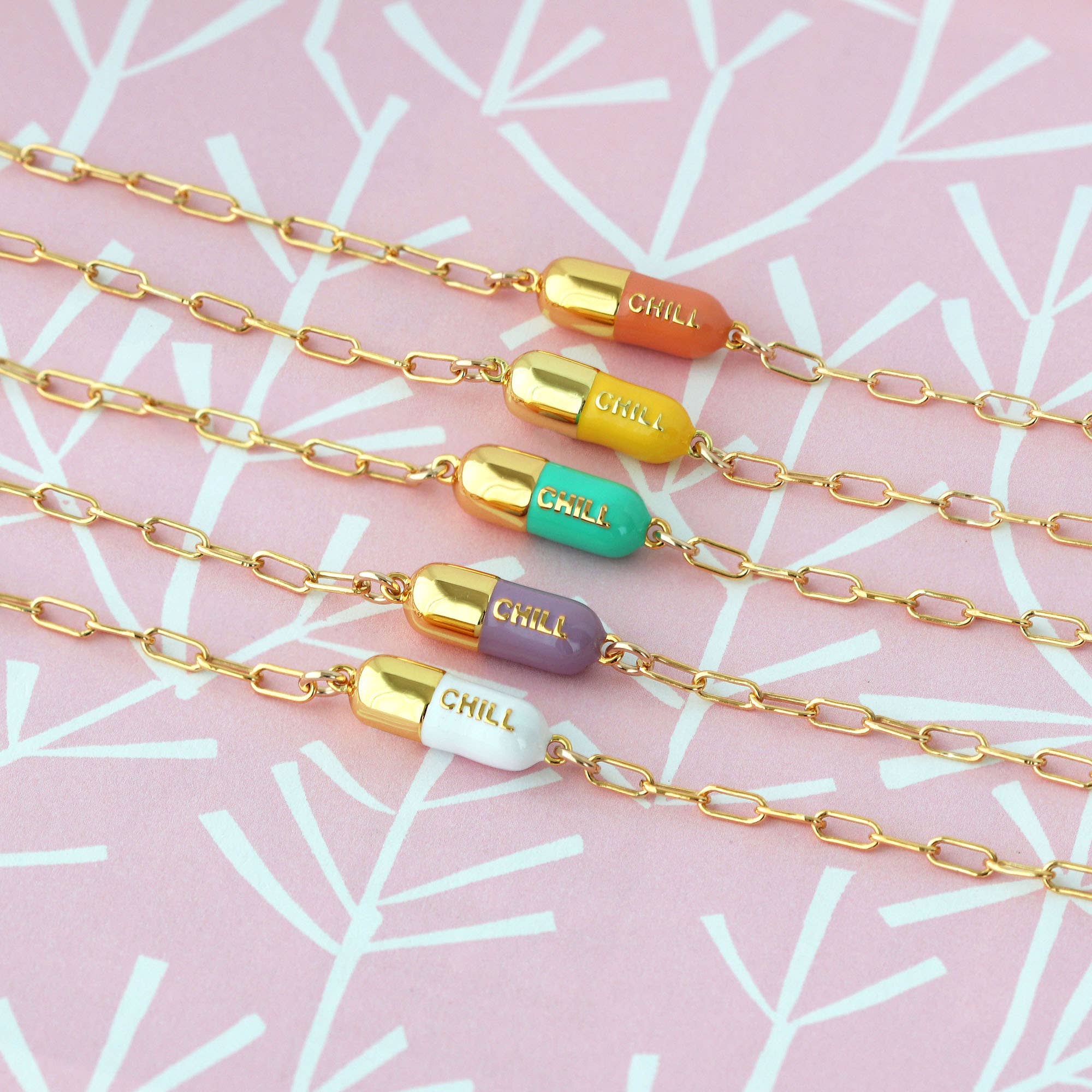 Kris Nations - Chill Pill Charm Bracelet 18K Gold Vermeil | Sterling Silver Charm Gold Filled | Sterling Silver Drawn Cable Chain Multiple Colors Lobster Clasp Nickel Free Ships from CA