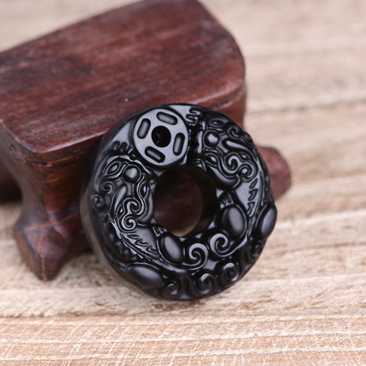 Natural Crystal Obsidian Black Silk Double Peace Pendant