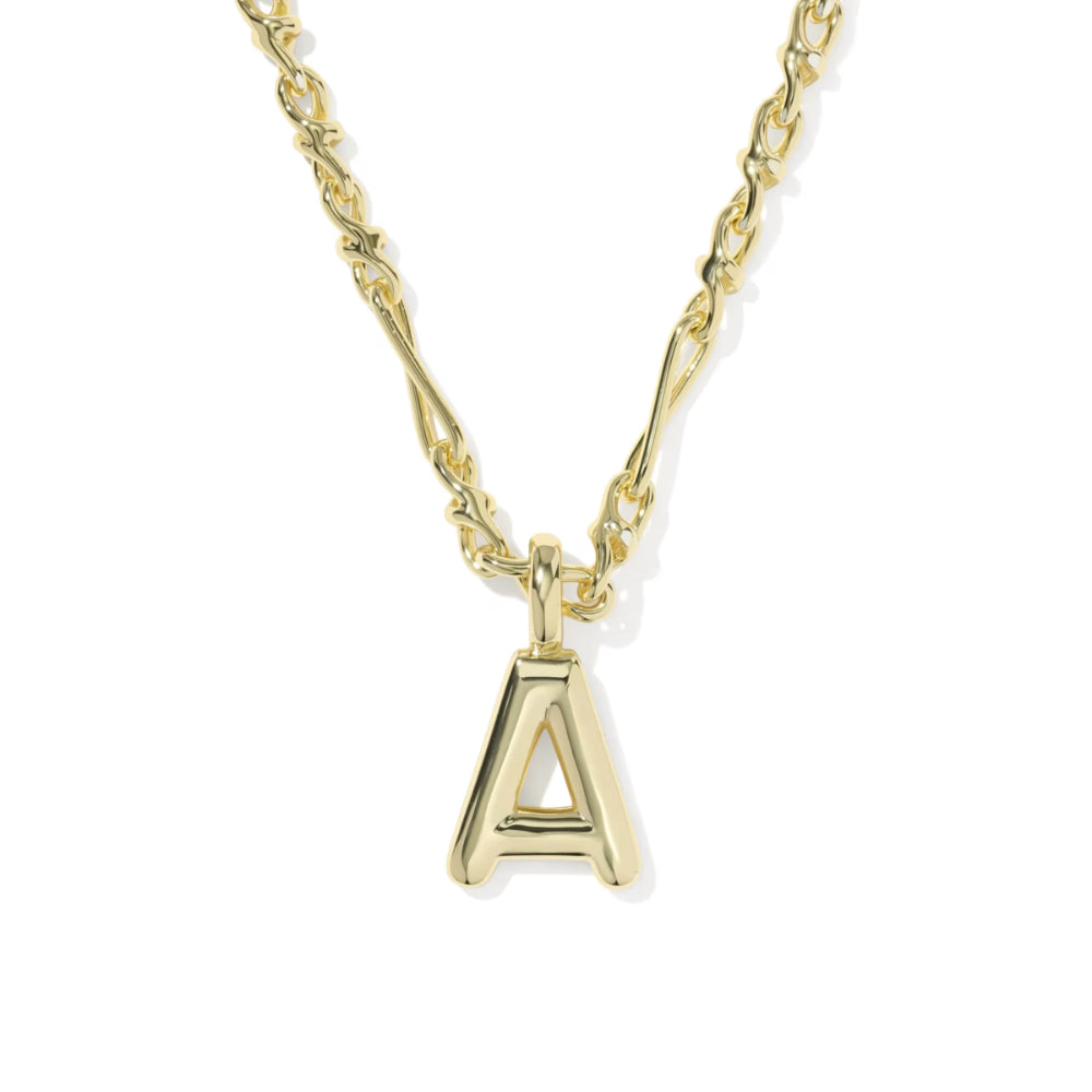 A gold initial necklace featuring a polished letter 'A' pendant on a twisted link chain, set against a plain white background.