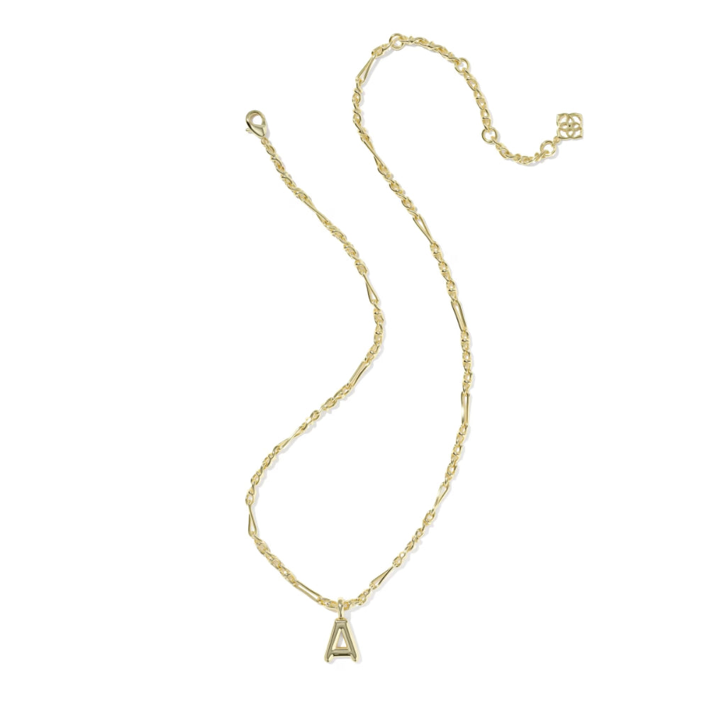 A delicate gold chain necklace featuring a small, polished gold letter 'A' pendant at the center, displayed on a clean white background.