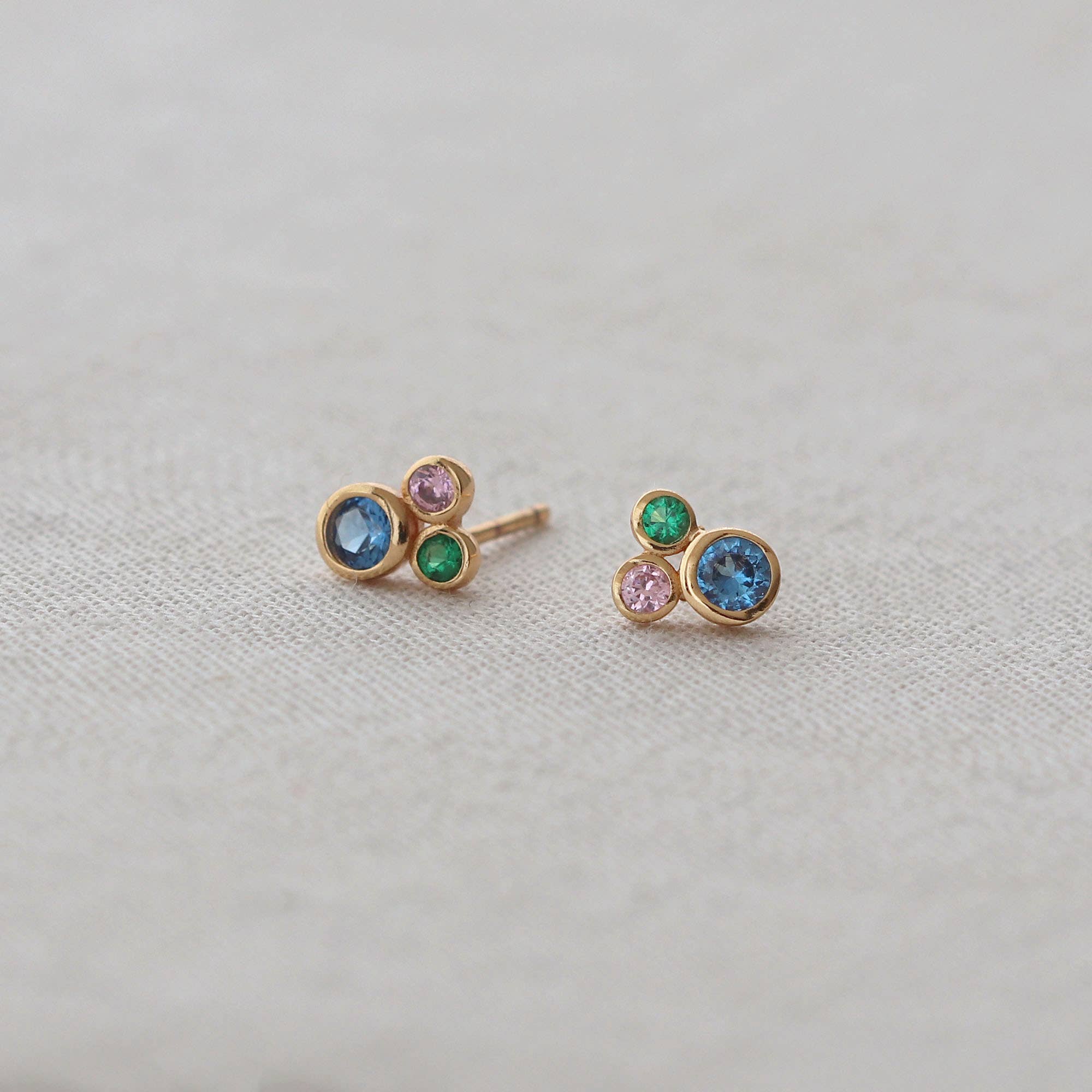 Kris Nations - Modernist Stud Earrings 18K Gold Vermeil Sapphire, Emerald Green and Pink Topaz CZ Crystal Cluster Nickel Free Hypoallergenic Ships from CA