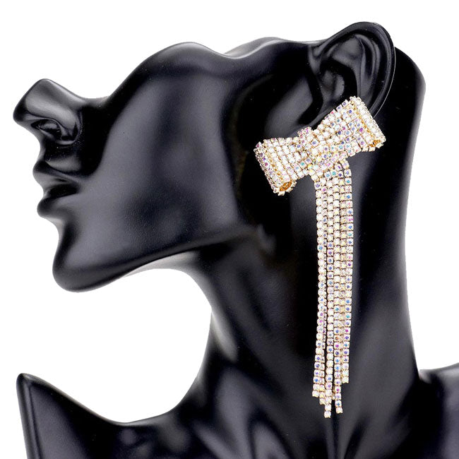 Bow Accented Rhinestone Long Drop Evening Earrings