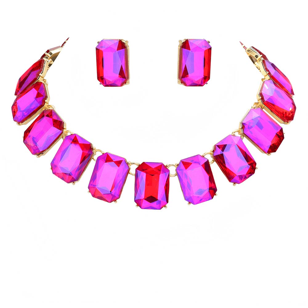 Emerald Cut Stone Link Evening Necklace Earring Set