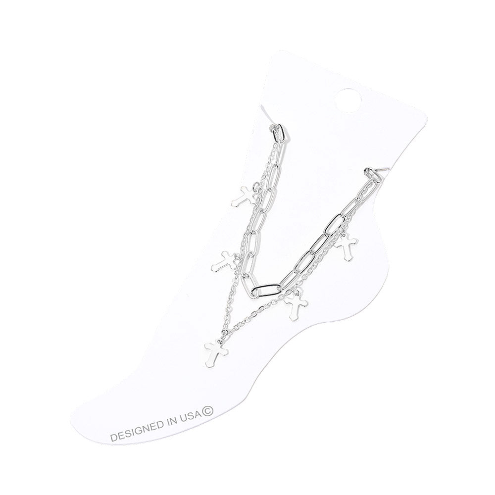 Cross Charm Station Layered Chain Anklet