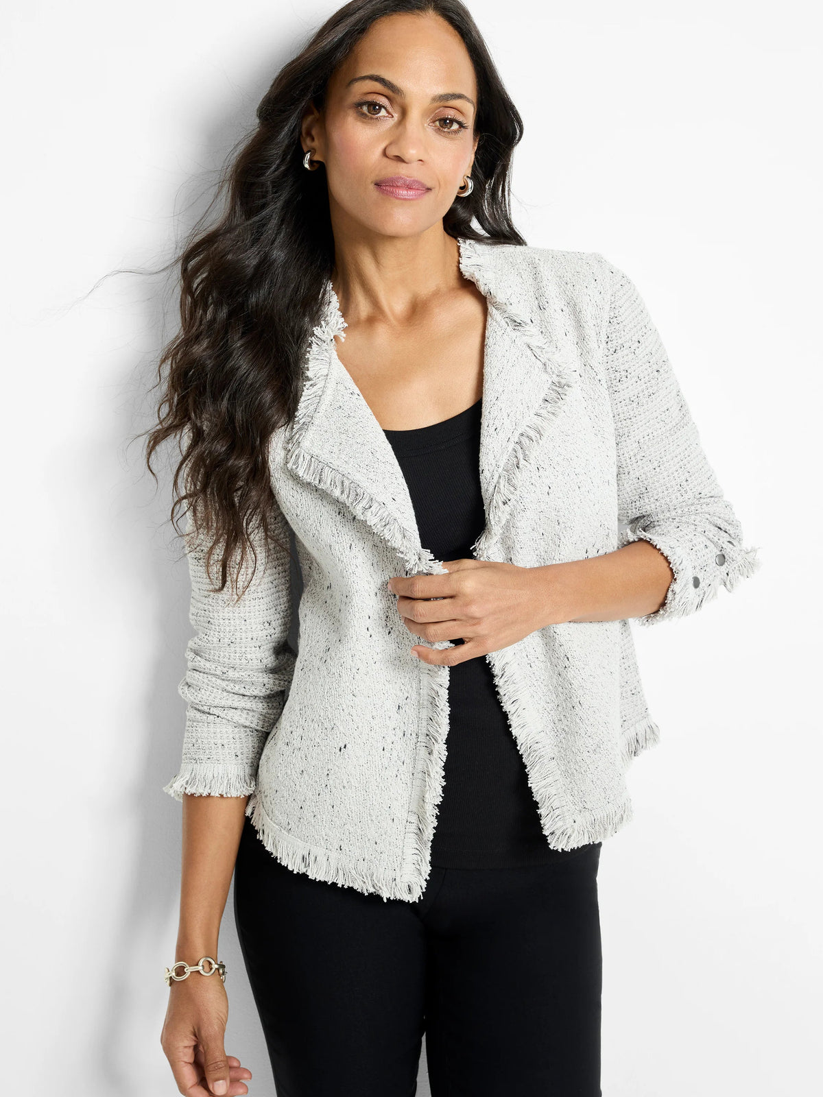 NIC+ZOE Fringe Mix Knit Jacket in Sugar Cookie, front view