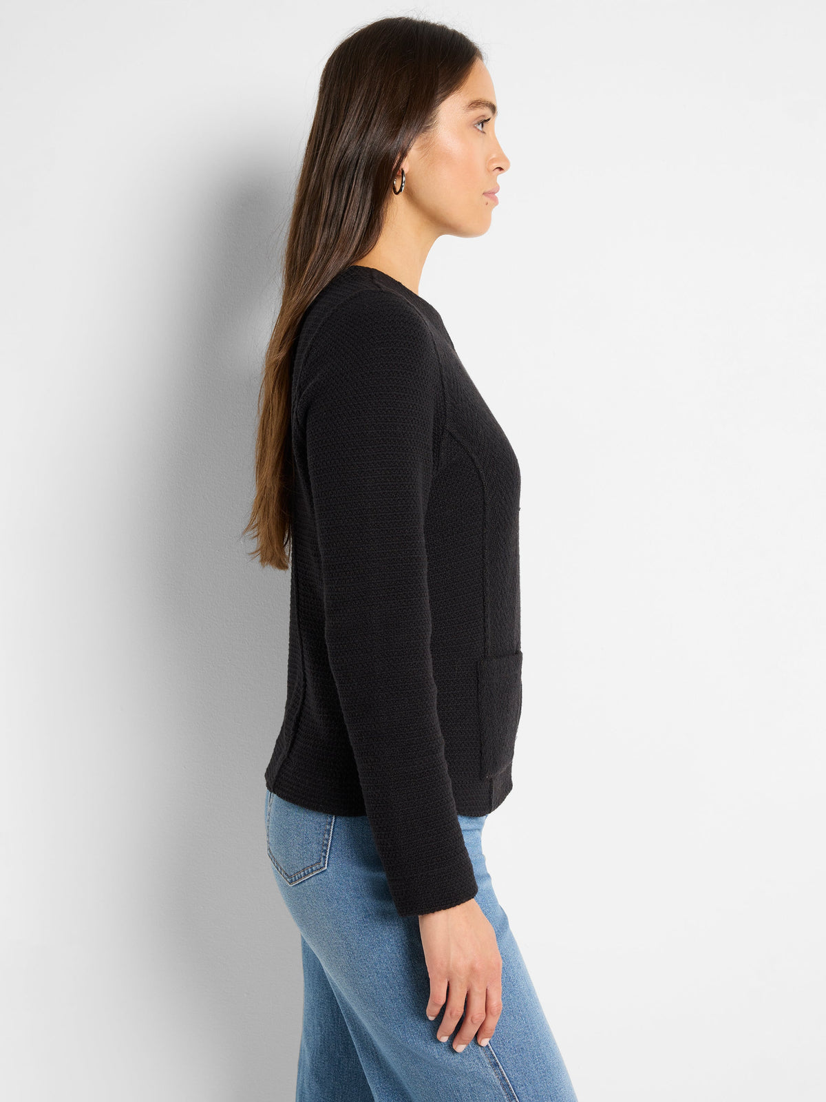 Weave Mix Knit Zip Jacket in Black Onyx, side view showing patch pocket