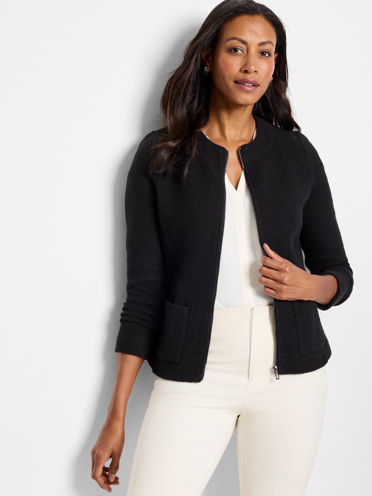 NIC+ZOE Weave Mix Knit Zip Jacket in Black Onyx, front view