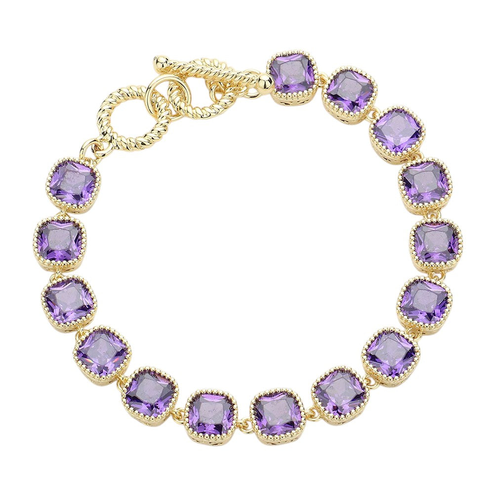 14K Gold Plated Square CZ Stone Link Evening Toggle Bracelet