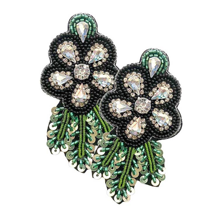 Felt Back Sequin Stone Seed Beaded Flower Leaf Earrings