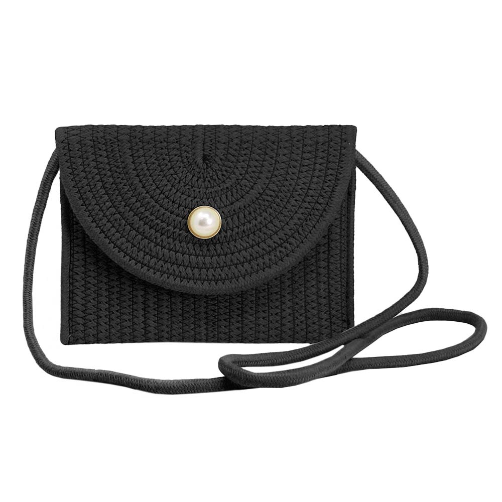 Solid Color With Pearl Button Straw Micro Crossbody Bag