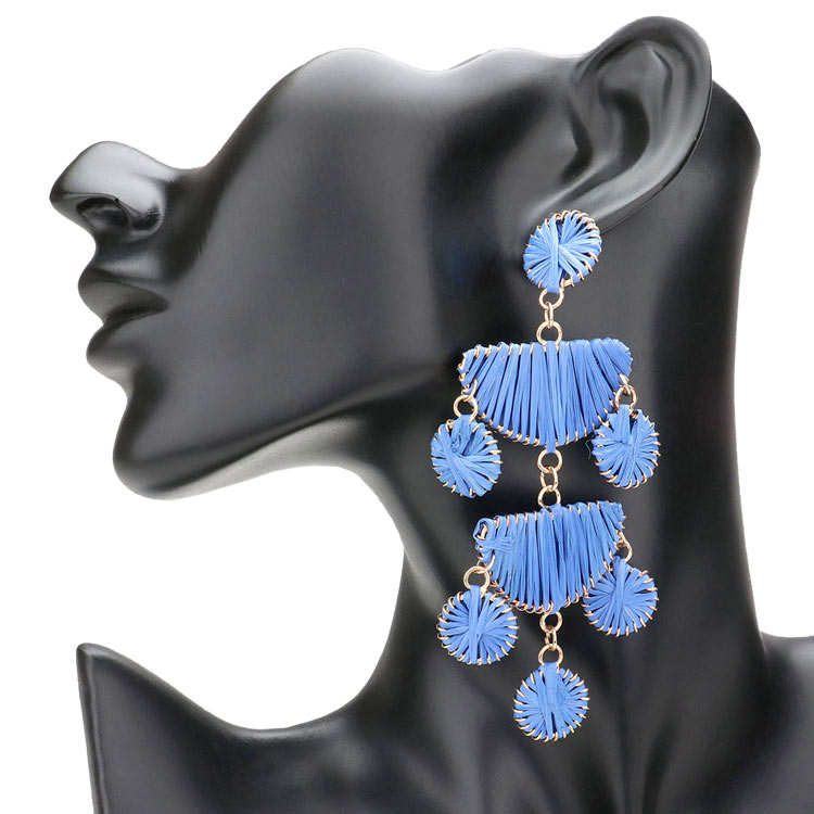 Raffia Wrapped Geometric Metal Link Dangle Earrings