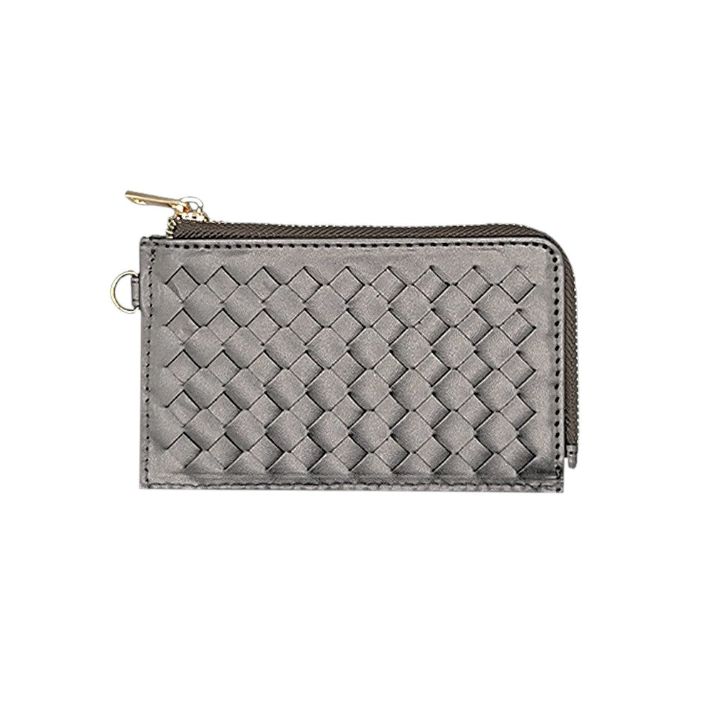 Faux Leather Basket Weave Flat Card Holder Wallet with Wristlet