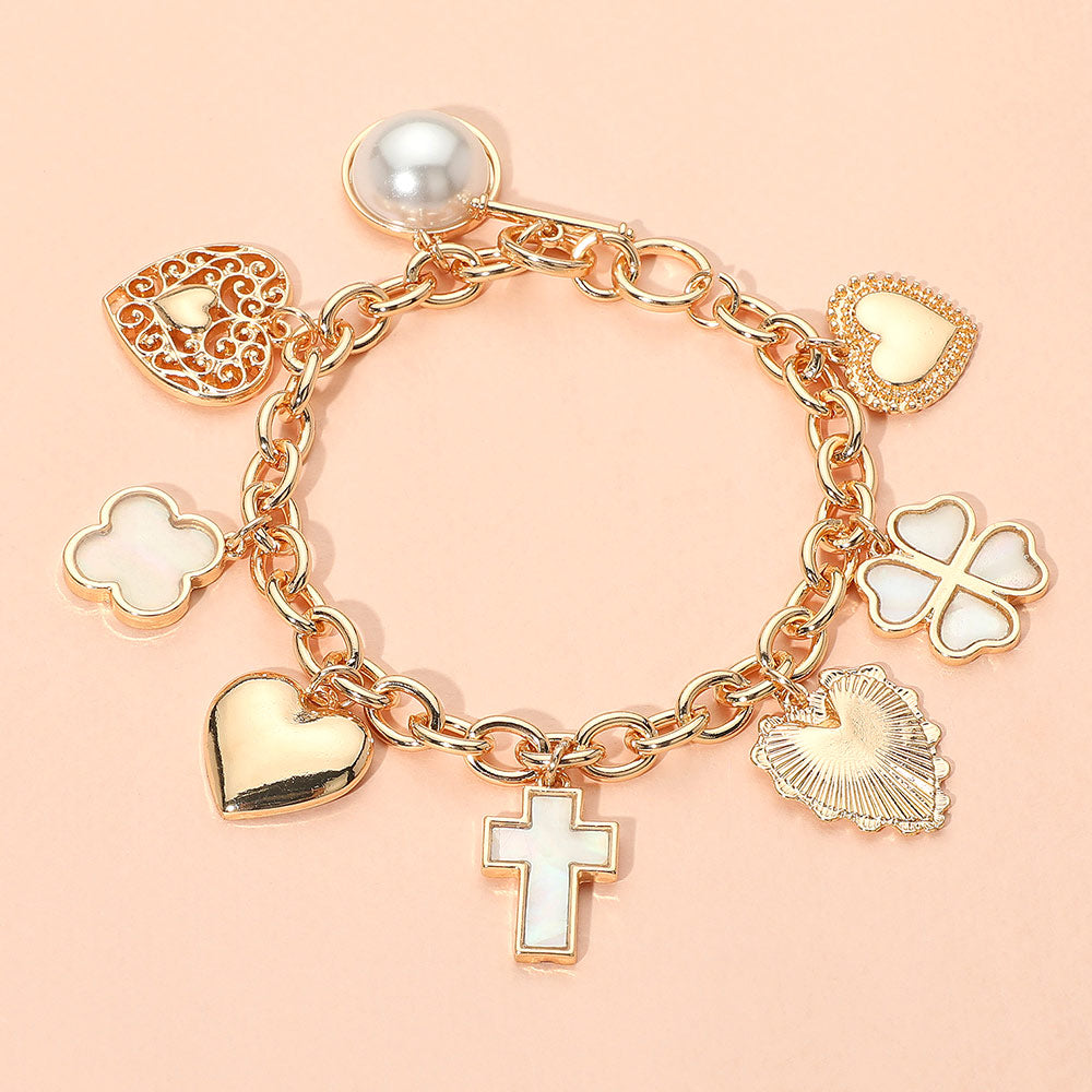Metal Heart Pearl Clover Cross Charm Station Bracelet
