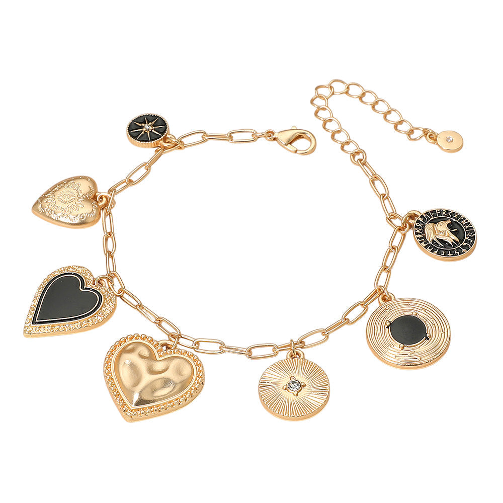 Enamel Heart Coin Medallion Charm Station Paperclip Chain Bracelet