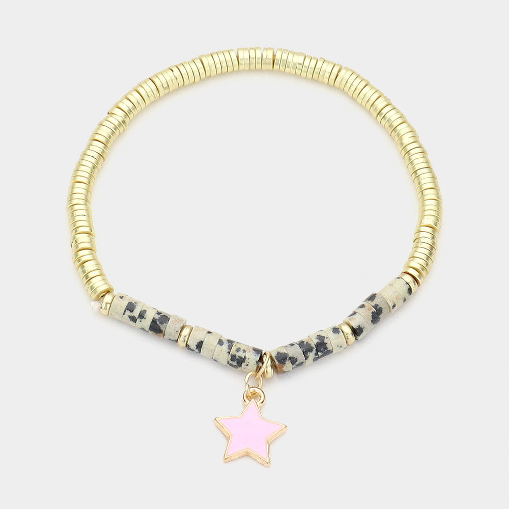Enamel Star Charm Natural Stone Stretch Bracelet
