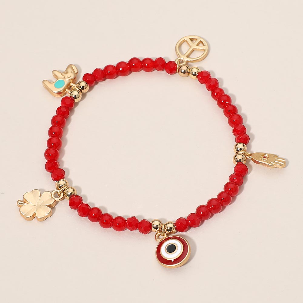 Evil Eye Clover Peace Elephant Hamsa Hand Charm Beaded Stretch Bracelet
