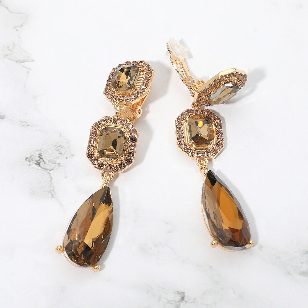 Square Halo Teardrop Stone Cluster Link Drop Evening Clip On Earrings