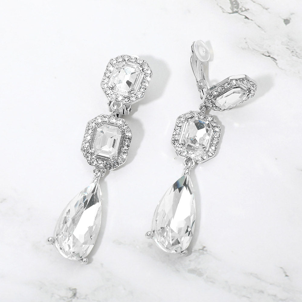 Square Halo Teardrop Stone Cluster Link Drop Evening Clip On Earrings