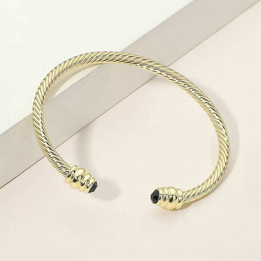 14K Gold Plated CZ Stone Tip Twisted Cable Cuff Bracelet
